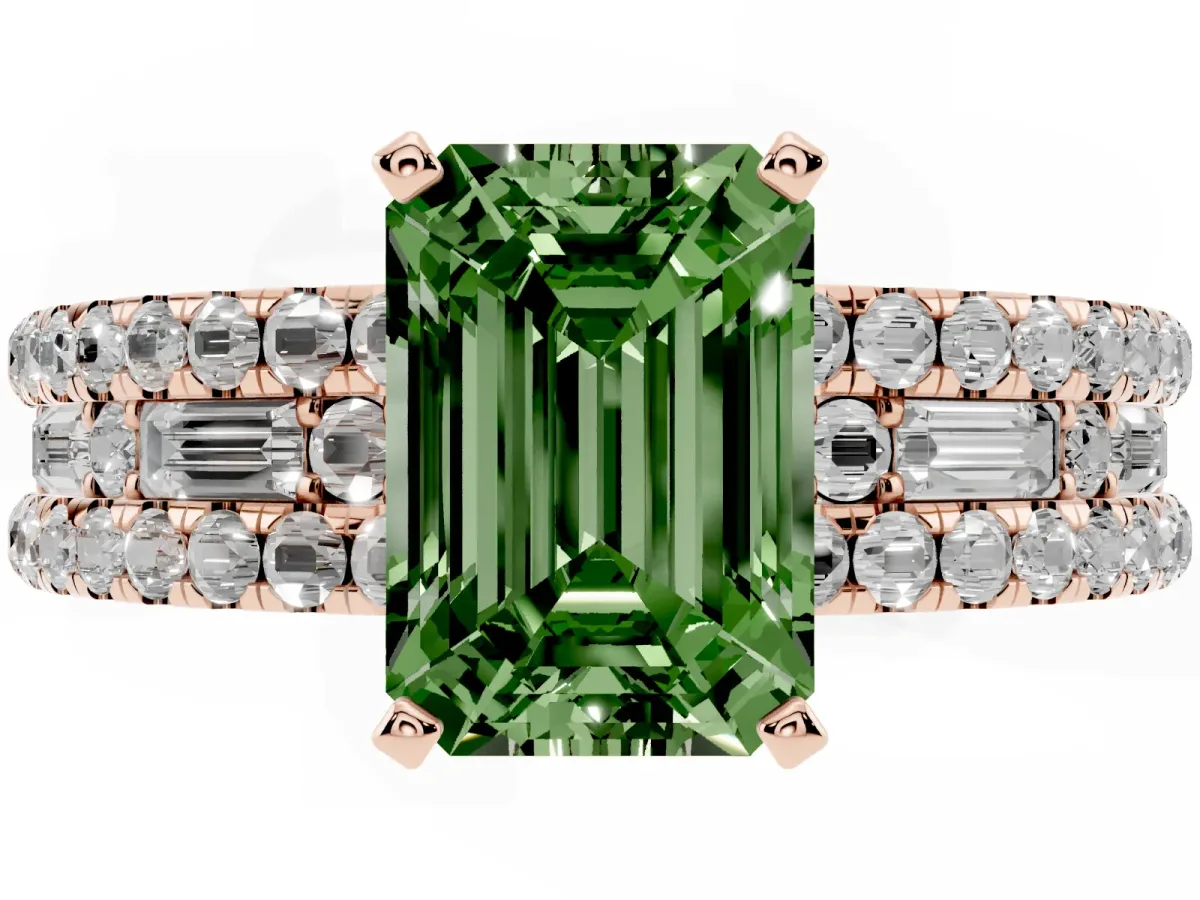 Fancy Green Emerald Cut Diamond Solitaire Ring with Pavé and Channel Set Band Rose gold