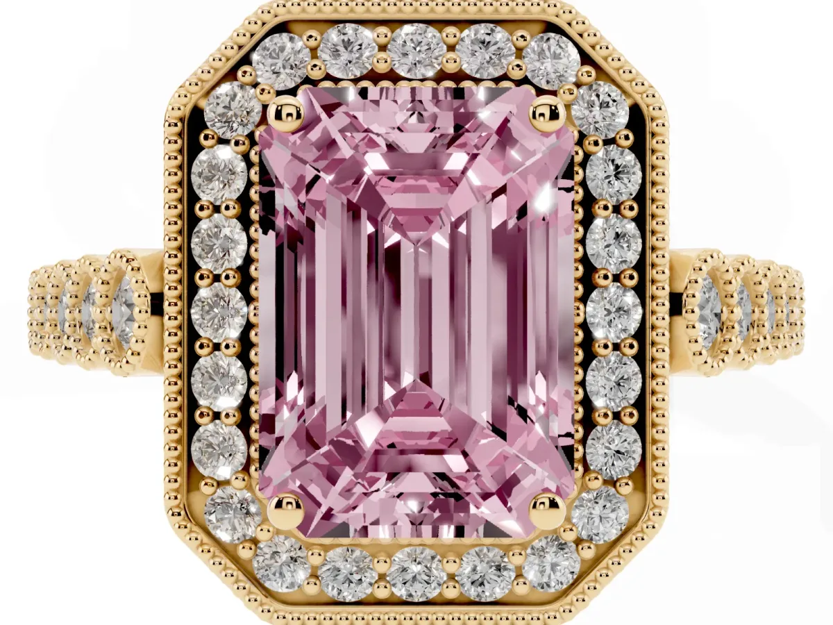 Fancy Pink Emerald Cut Halo Milgrain Solitaire with Bezel Set Side Stones and Pave Band Yellow gold