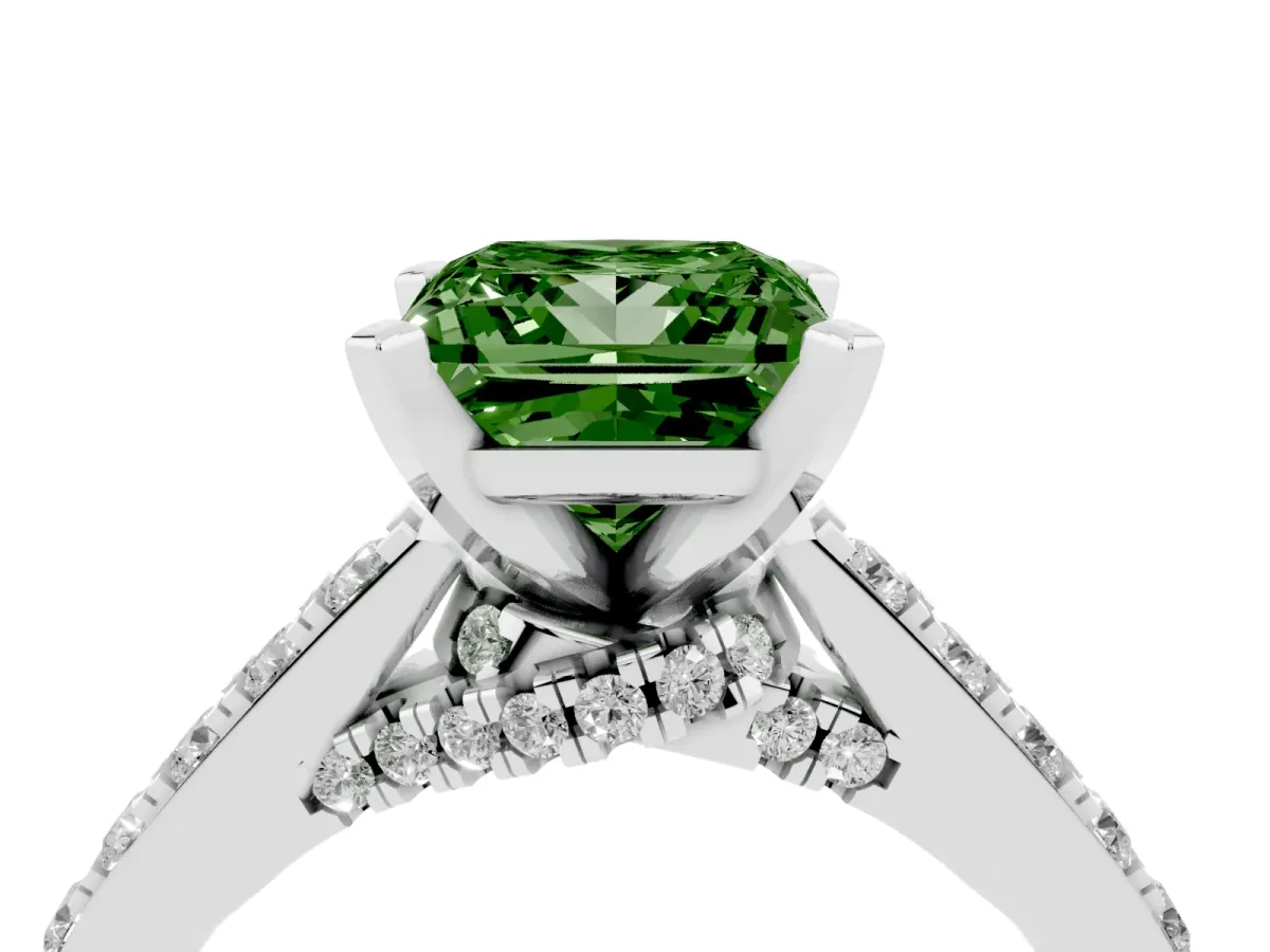 Fancy Green Princess Cut Diamond Solitaire Ring with Crossover Gallery and Round Pavé Band Platinum
