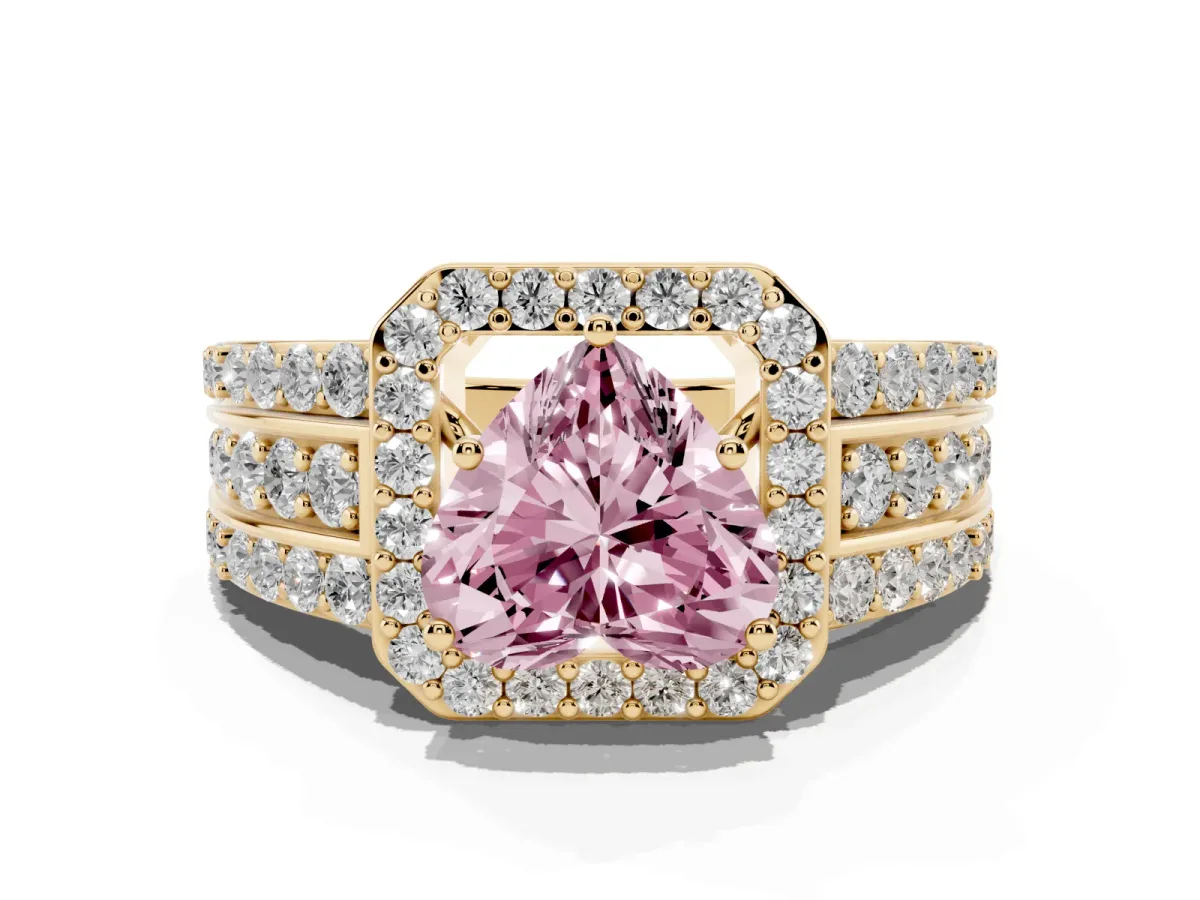 Fancy Pink Heart Cut Halo Diamond Ring with Round Split Shank and Prong Setting Yellow gold