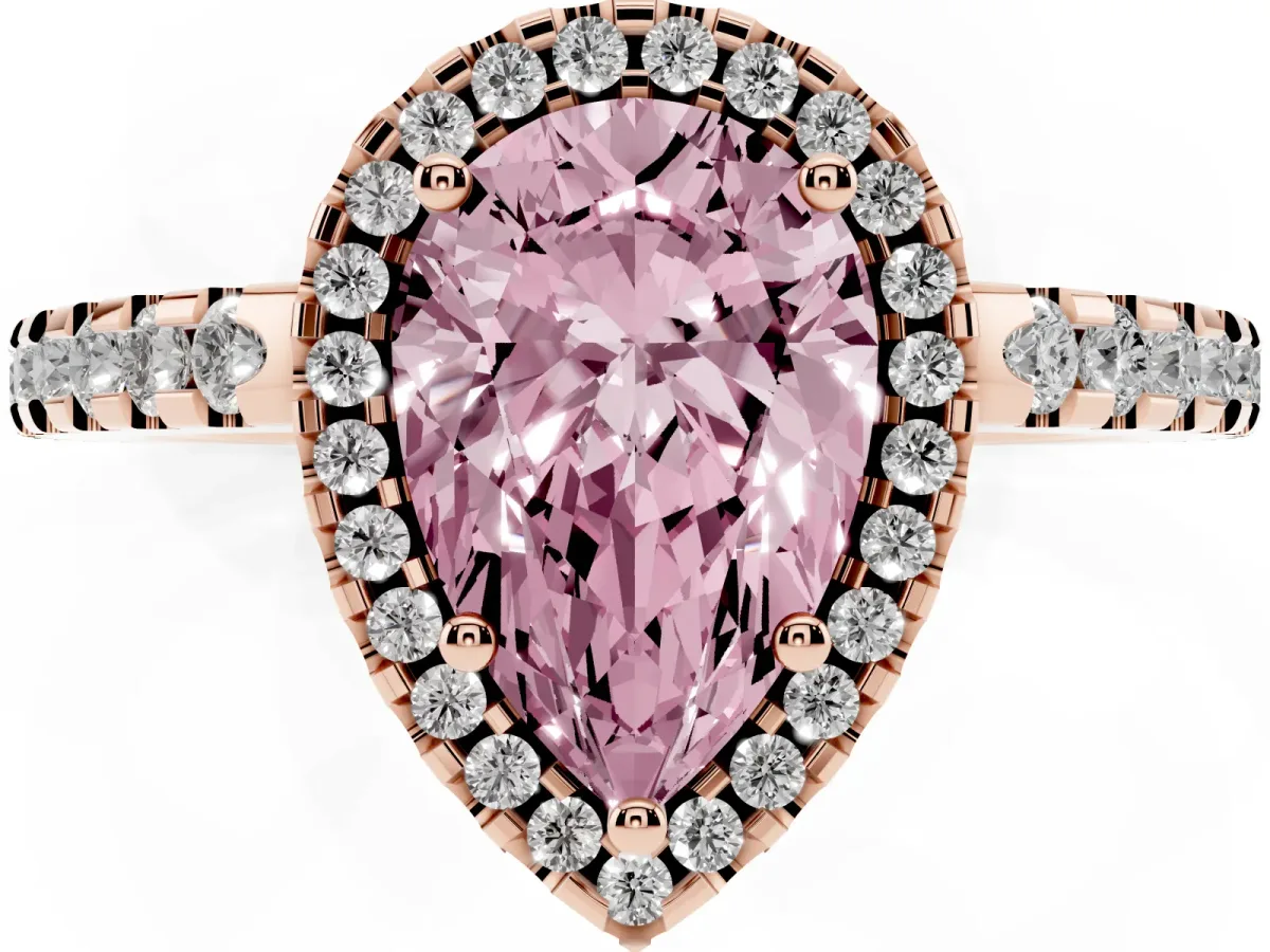 Fancy Pink Pear Cut Diamond Halo Engagement Ring with Pavé Band and Prong Setting Rose gold