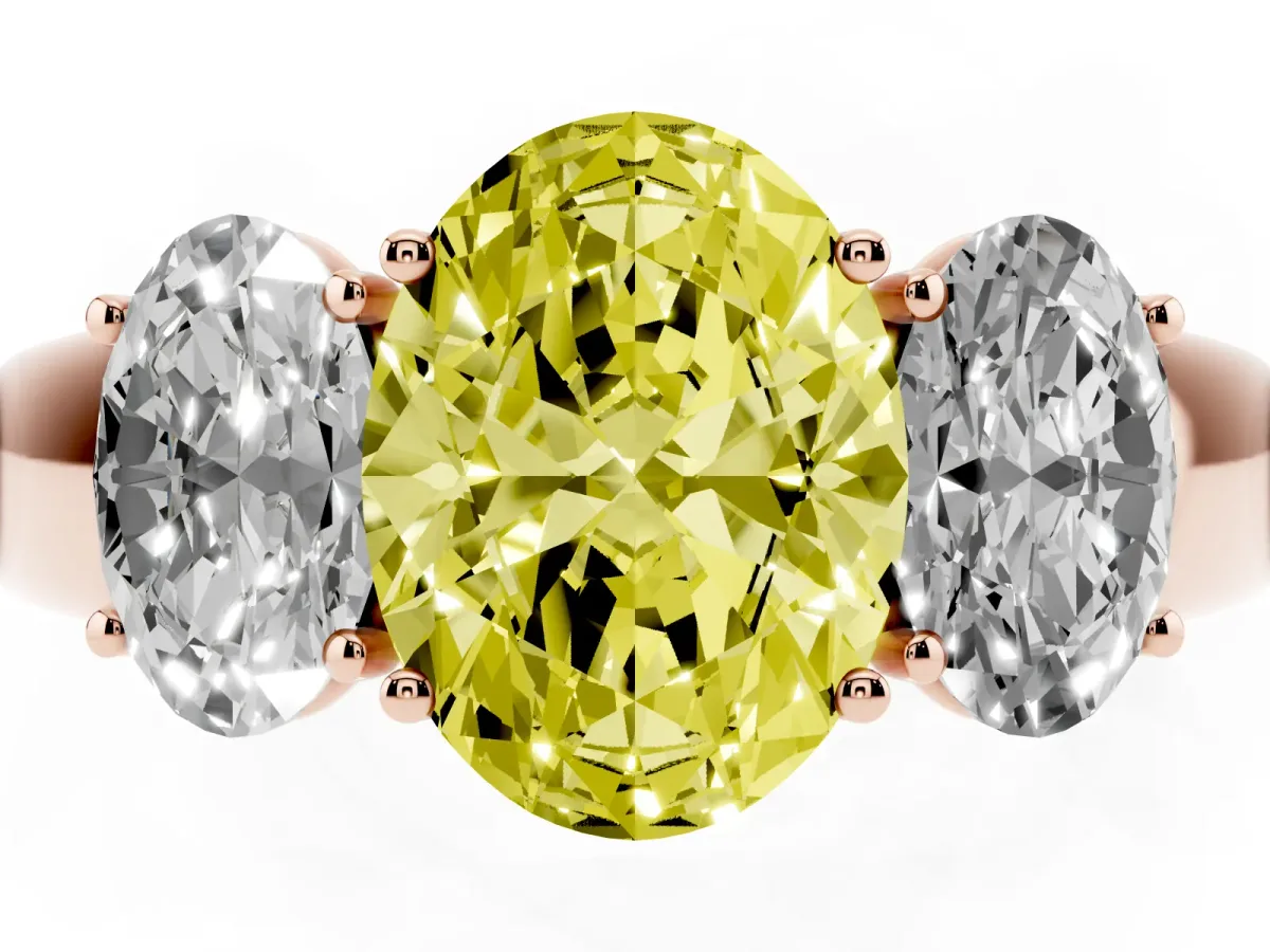 Fancy Yellow Three-Stone Oval Cut Cut Diamond Ring with Prong Setting and Classic Band Rose gold