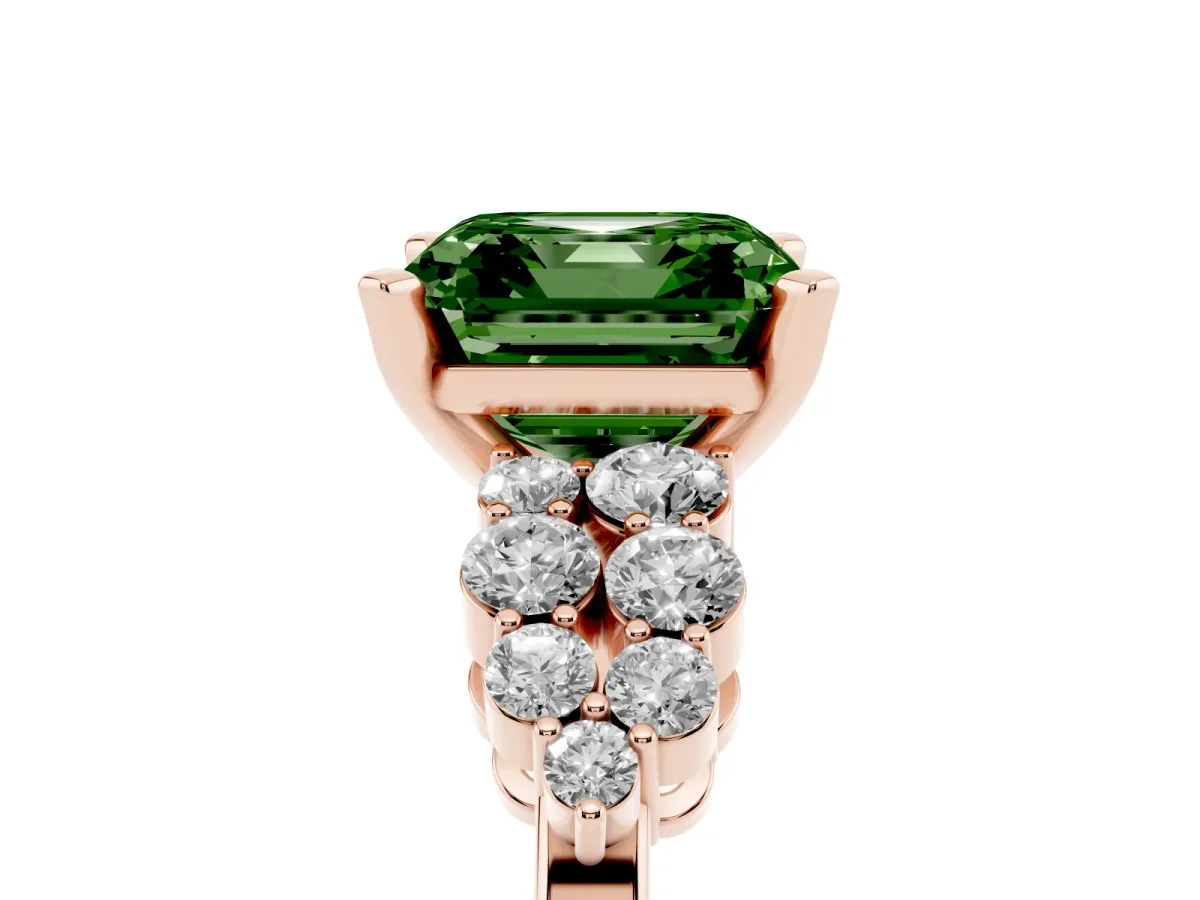 Fancy Green Asscher Cut Cluster Diamond Engagement Ring with Pavé Band and Four-Prong Setting Rose gold