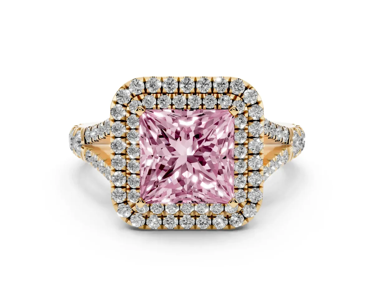 Fancy Pink Double Halo Princess Cut Diamond Split Shank Engagement Ring with Four-Prong Setting Yellow gold