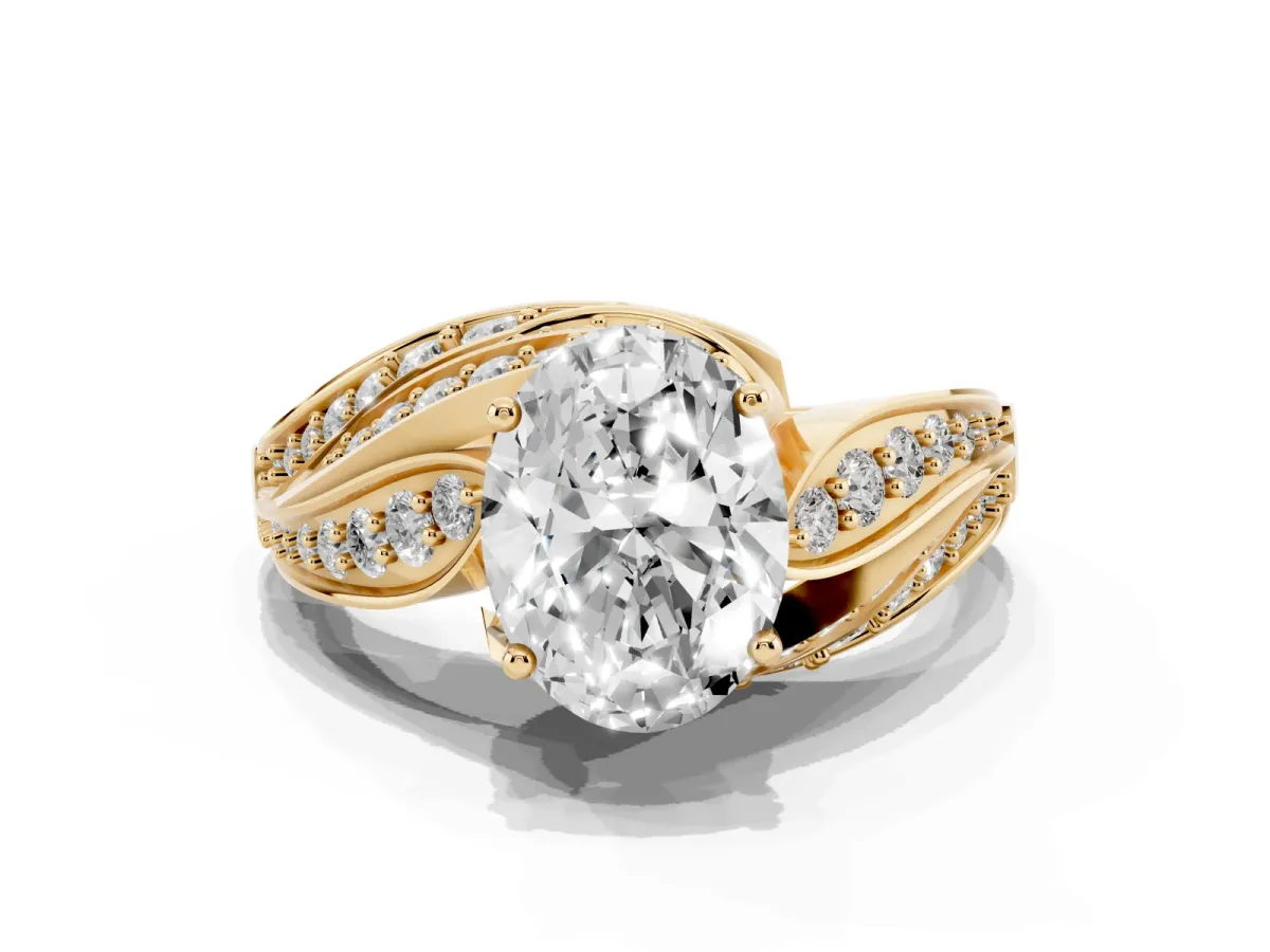 Oval Cut Diamond Solitaire Ring with Prong Setting and Twisted Pavé Band Yellow gold