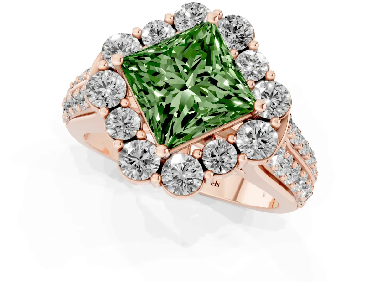 Fancy Green Princess Cut Halo Diamond Engagement Ring with Split Shank and Prong Setting Rose gold