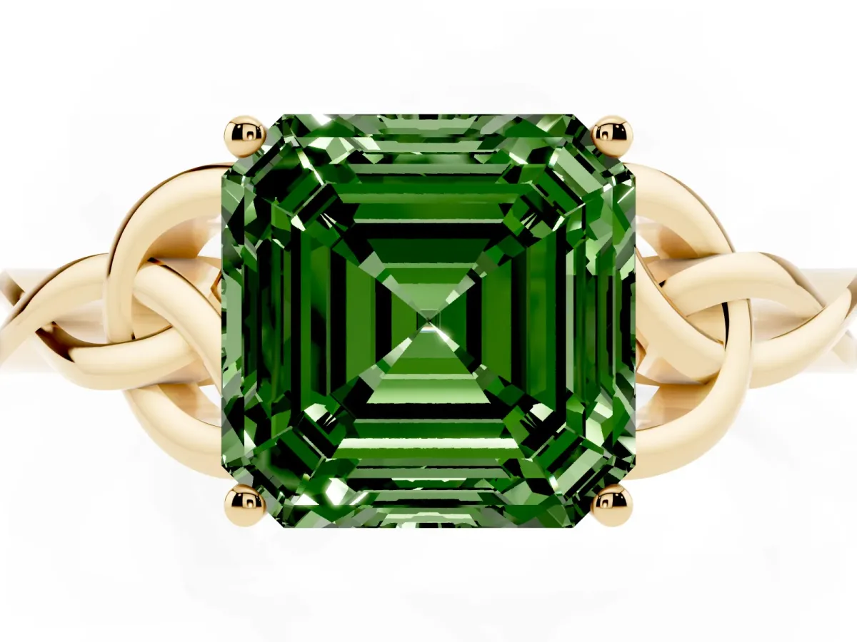 Fancy Green Asscher Cut Diamond Solitaire Engagement Ring with Celtic Knot Band and Four-Prong Setting Yellow gold