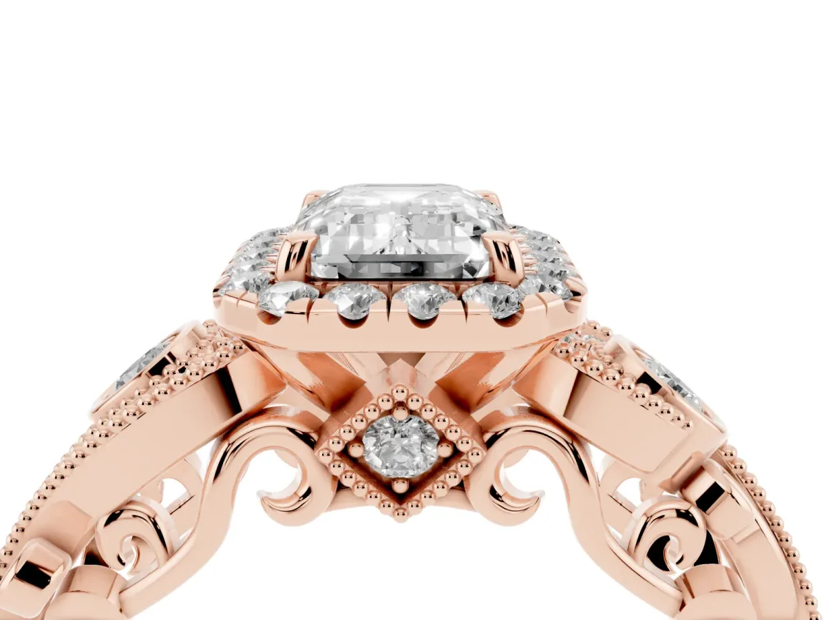 Emerald Cut Diamond Halo Ring with Milgrain Pavé Band and Four-Prong Setting Rose gold