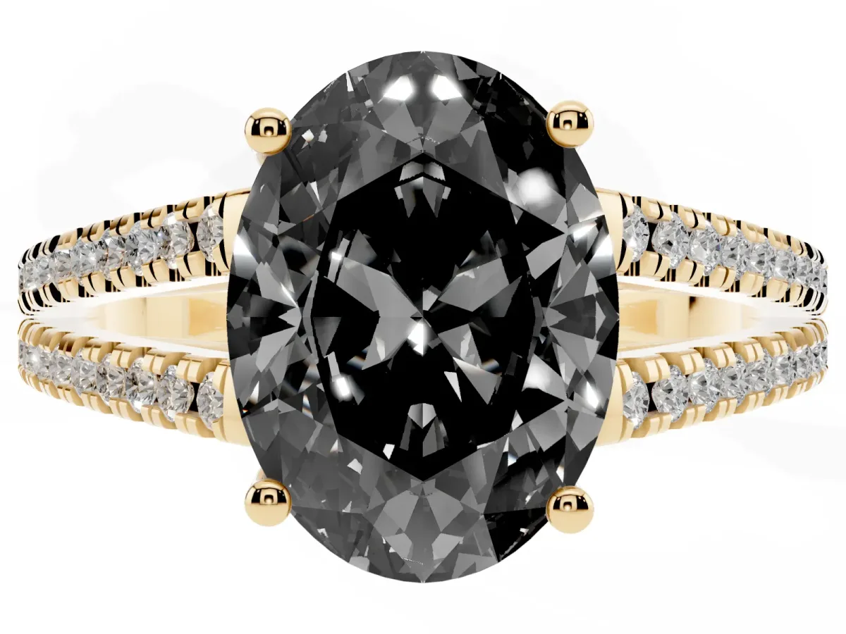 Fancy Black Oval Cut Diamond Solitaire Engagement Ring with Split Shank Pavé Band Yellow gold