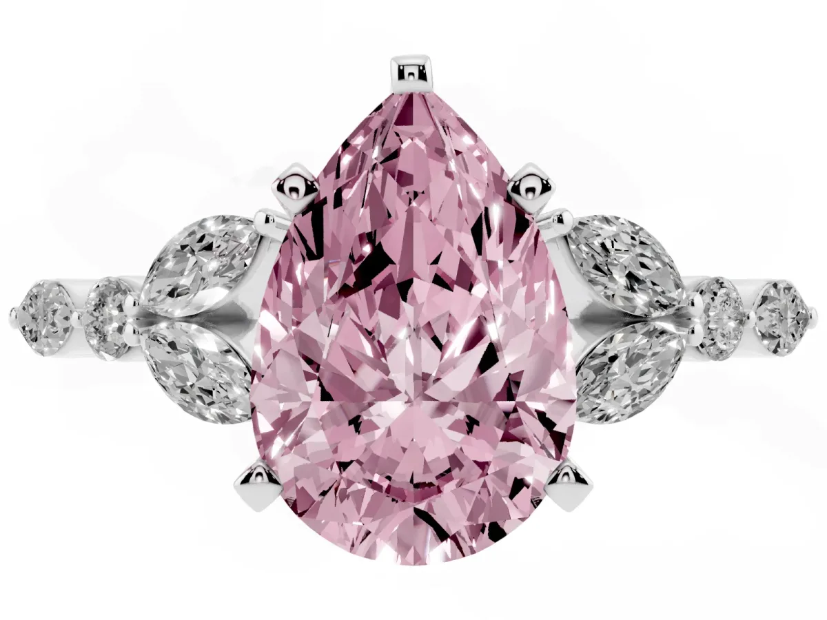 Fancy Pink Pear Cut Diamond Solitaire Ring with Side Stones and Four-Prong Setting Platinum