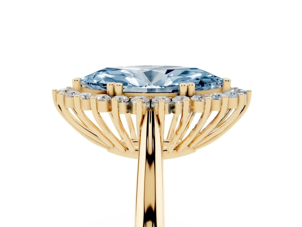 Fancy Blue Marquise Cut Cut Diamond Halo Ring with Solitaire Band and Prong Setting Yellow gold