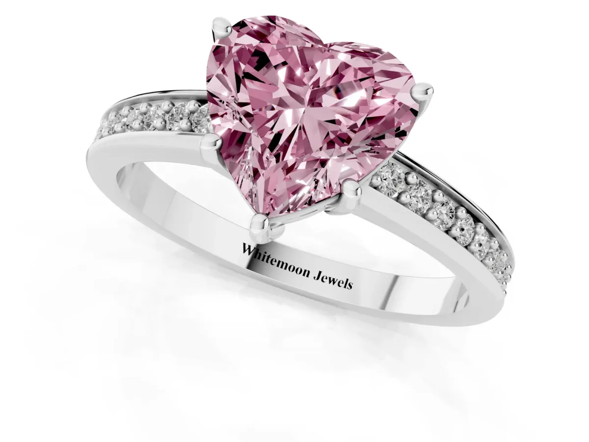 Fancy Pink Heart Cut Solitaire Pavé Band Prong Setting Ring Platinum