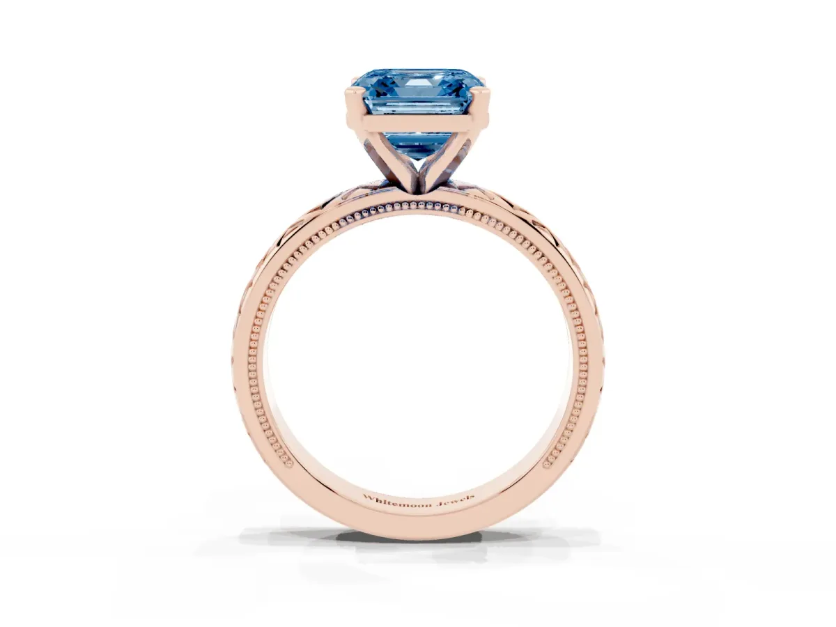 Fancy Blue Asscher Cut Solitaire Diamond Ring with Milgrain and Black Enamel X Pattern Band Rose gold