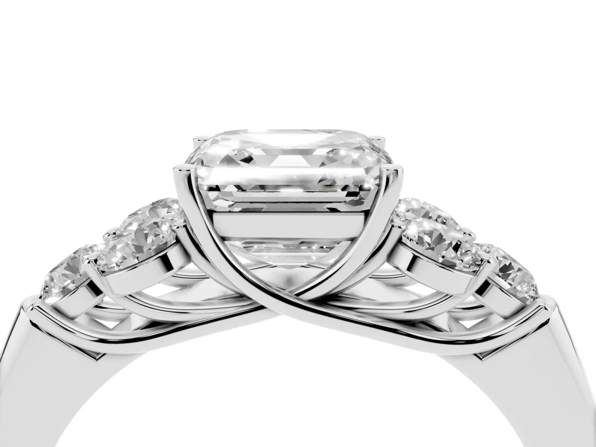 Asscher Cut Cut Diamond Cluster Ring with Round Accent Stones and Prong Setting on a Classic Band Platinum