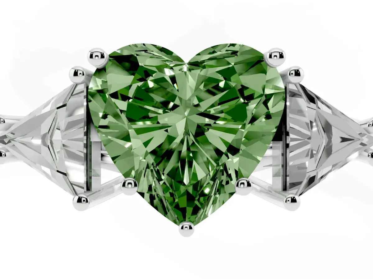 Fancy Green Three-Stone Heart Cut Diamond Engagement Ring with Trillion Side Stones and Prong Setting Silver