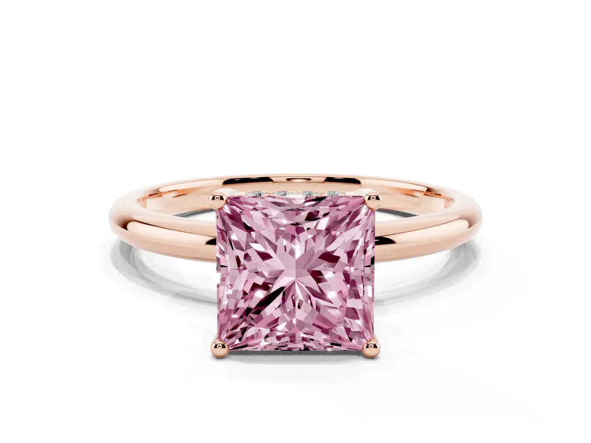 Fancy Pink Princess Cut Cut Solitaire Engagement Ring with Four-Prong Setting and Classic Band Rose gold