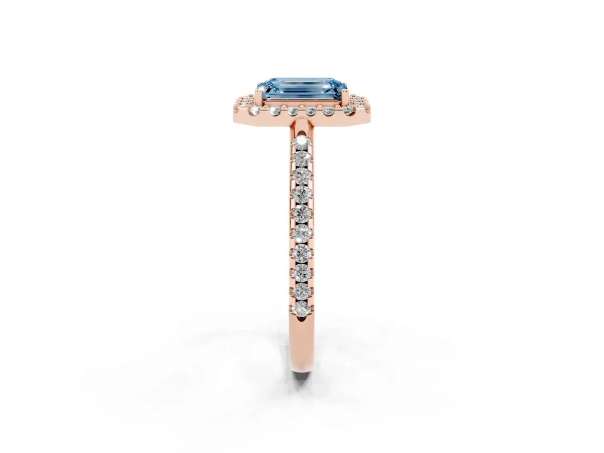 Fancy Blue Emerald Cut Diamond Pavé Halo Ring with Four-Prong Setting Rose gold