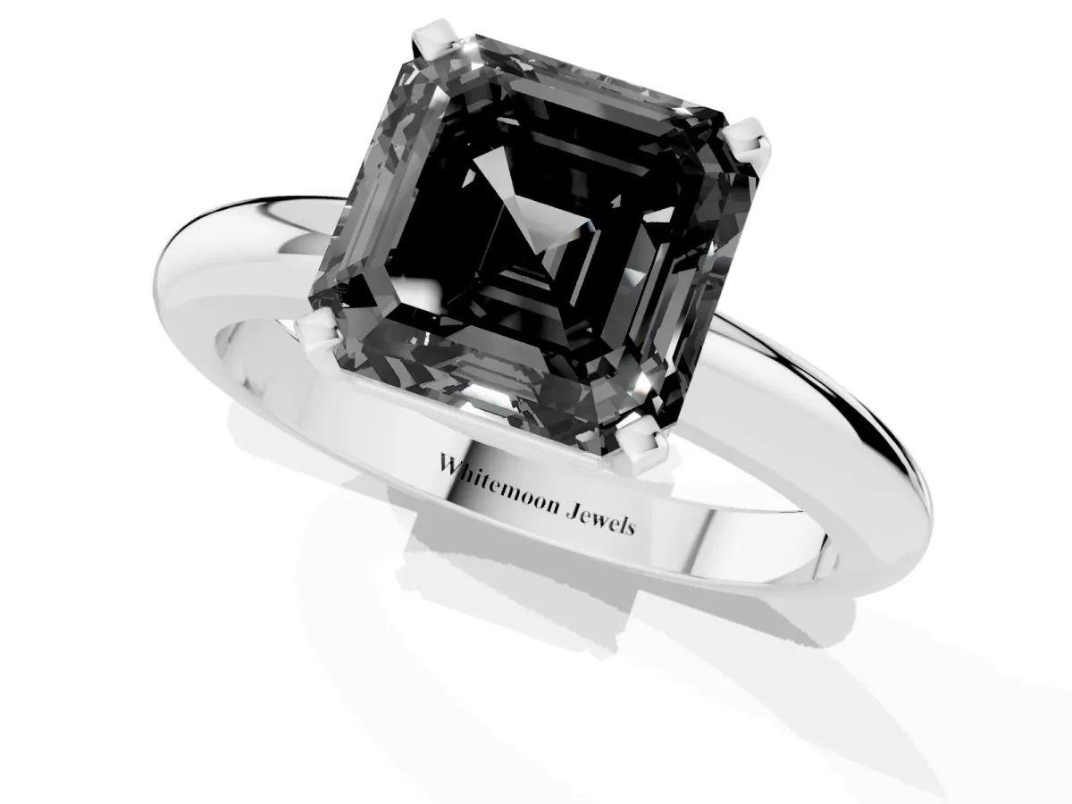 Fancy Black Asscher Cut Diamond Solitaire Engagement Ring with Round Band and Four-Prong Setting Platinum