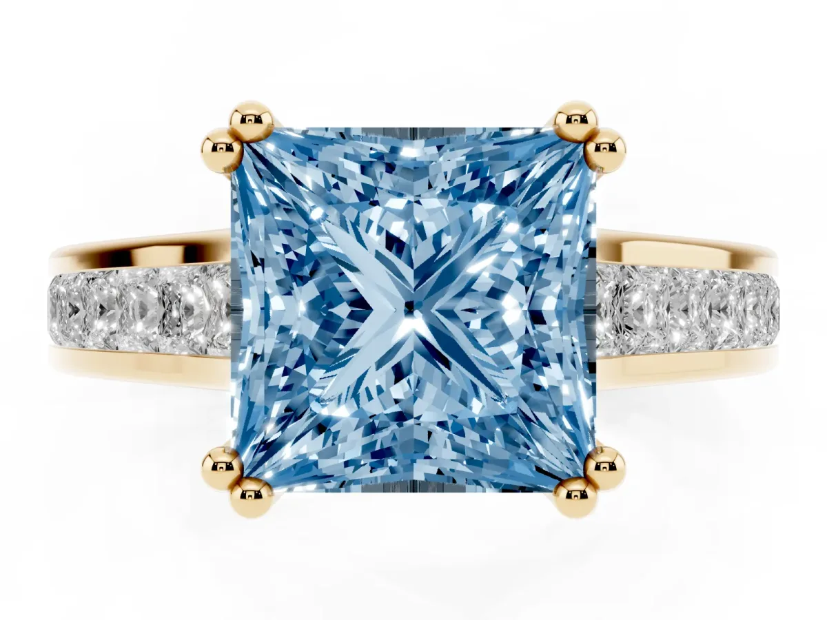 Fancy Blue Princess Cut Cut Channel Set Solitaire Engagement Ring with Prong Setting Yellow gold