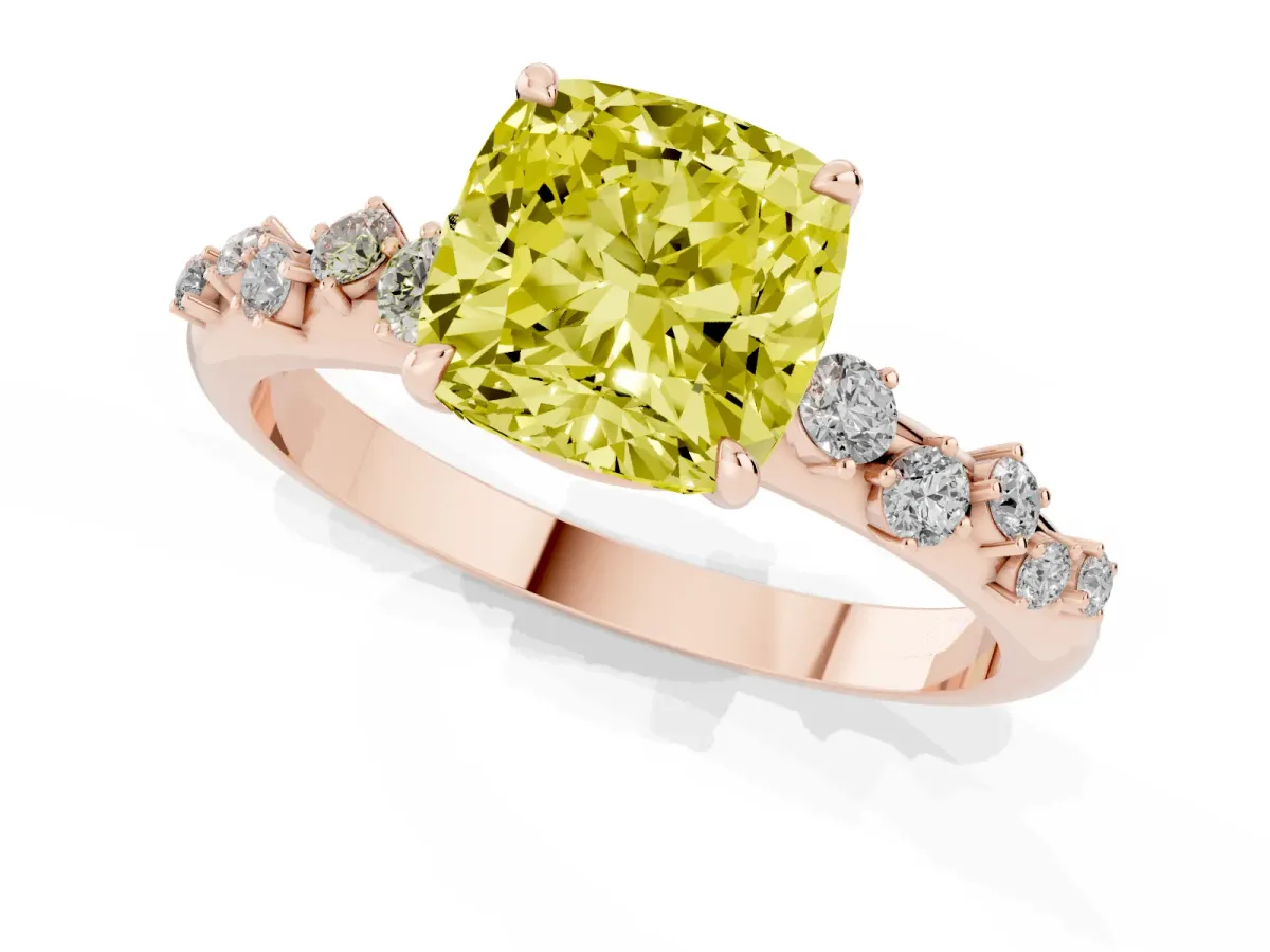 Fancy Yellow Cushion Cut Diamond Cluster Prong-Set Solitaire Ring Rose gold