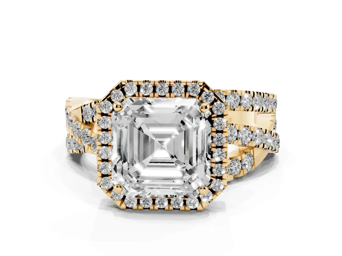 Asscher Cut Diamond Halo Ring with Round Split Shank and Prong Setting Yellow gold