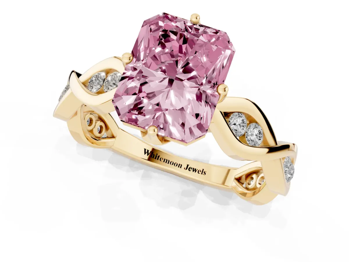 Fancy Pink Radiant Cut Solitaire Twist Band with Leaf Prong Setting Yellow gold