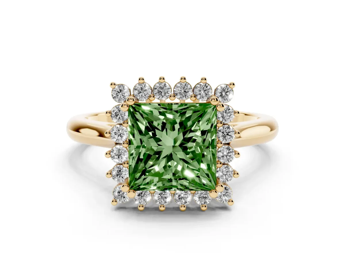 Fancy Green Princess Cut Cut Diamond Halo Ring with Solitaire Band and Prong Setting Yellow gold