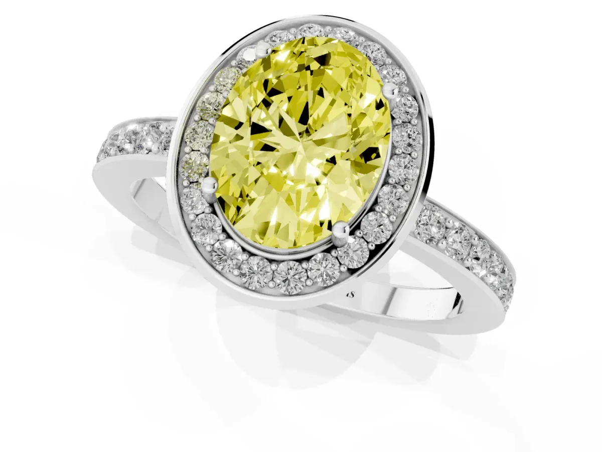Fancy Yellow Oval Cut Diamond Halo Ring with Bezel Frame and Pavé Band Silver