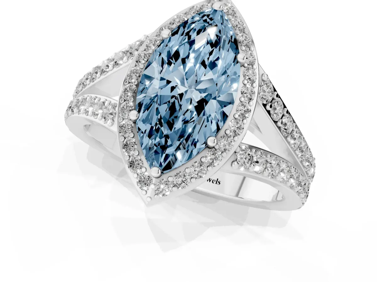 Fancy Blue Marquise Cut Diamond Split Shank Halo Ring with Four-Prong Setting Silver