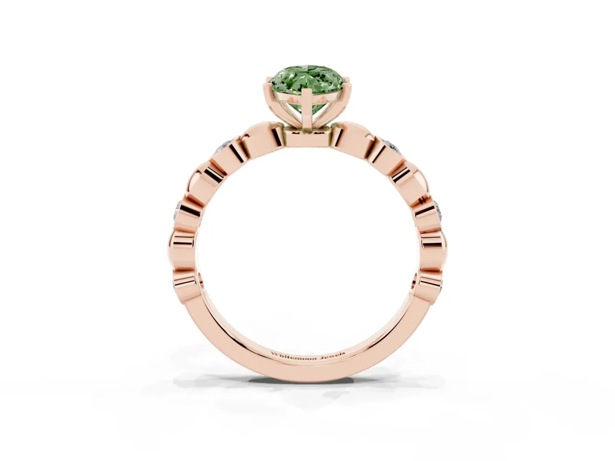 Fancy Green Marquise Cut Solitaire Bezel-Set Diamond Ring with Beaded Band and Four-Prong Setting Rose gold