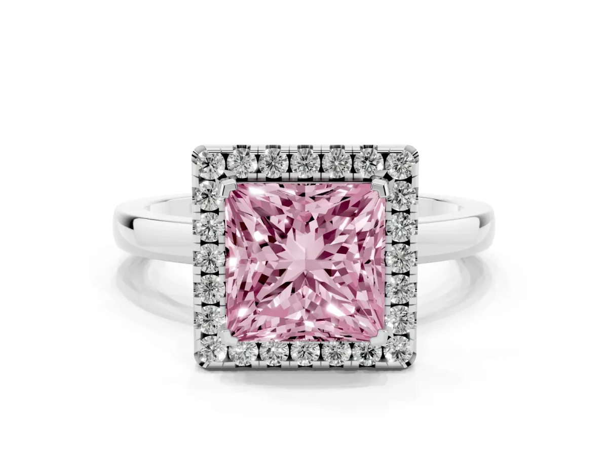 Fancy Pink Princess Cut Halo Diamond Solitaire with Pavé Band and Four-Prong Setting Platinum
