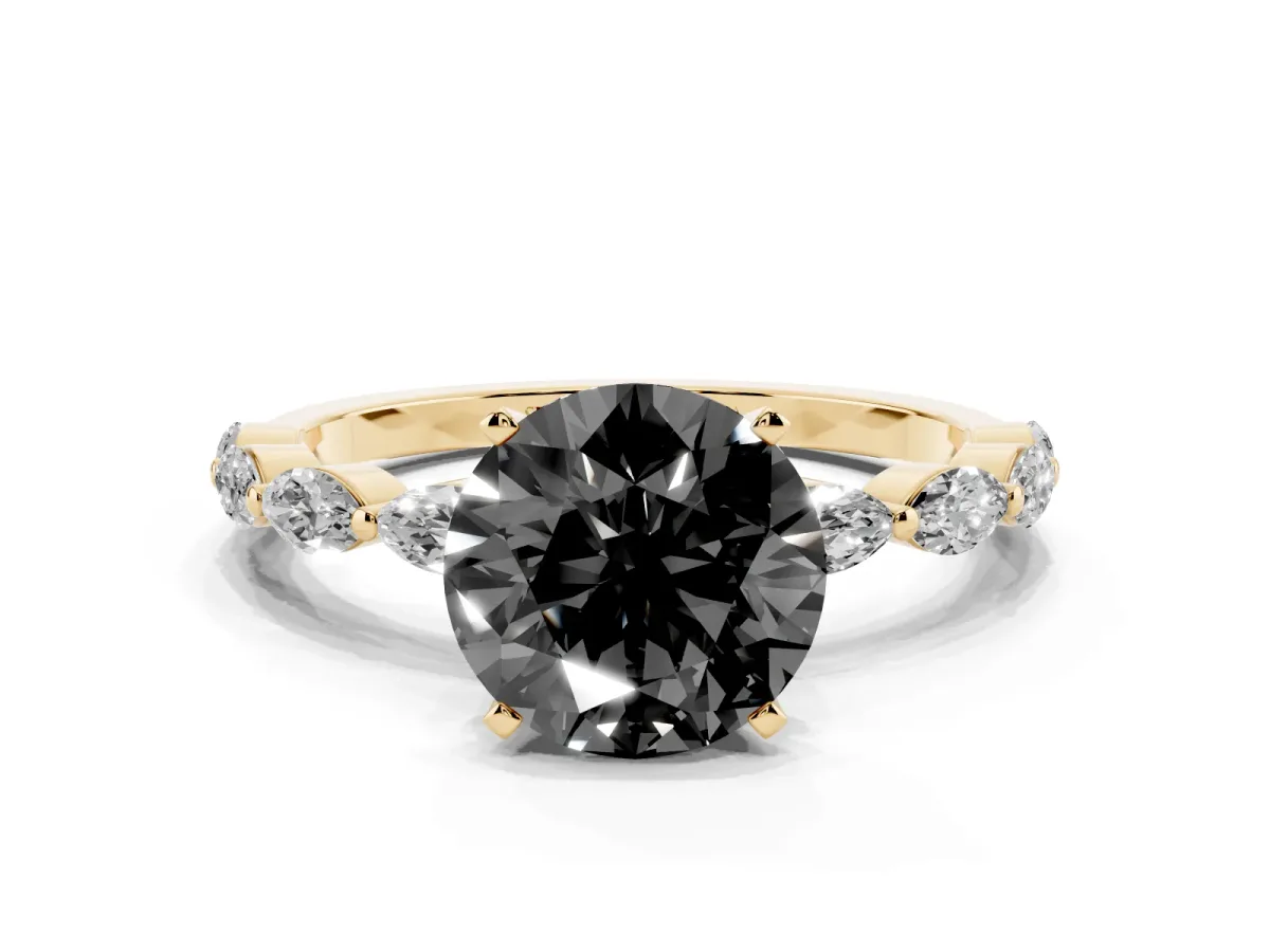 Fancy Black Round Cut Diamond Ring with Marquise Side Stones and Prong Setting Yellow gold