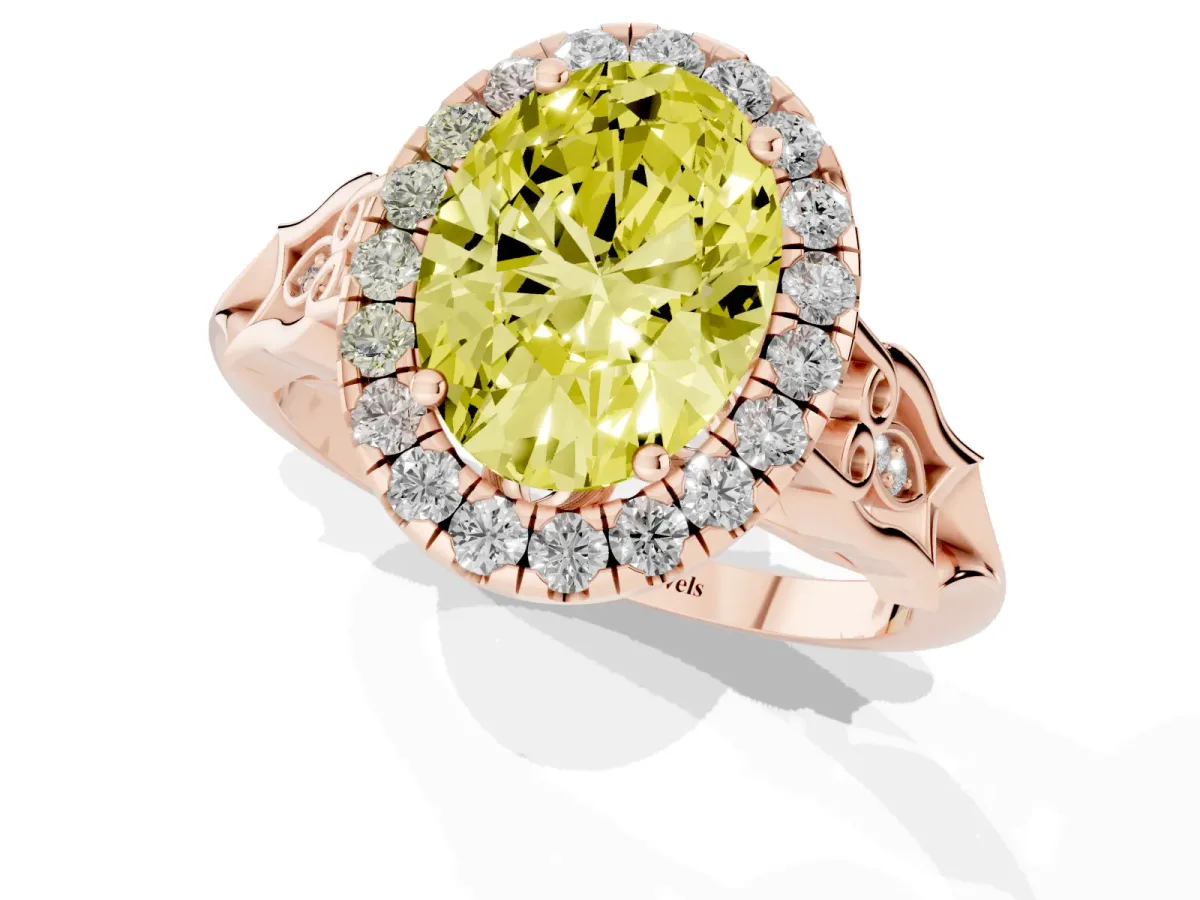 Fancy Yellow Oval Cut Halo Diamond Engagement Ring with Filigree Band and Four-Prong Setting Rose gold