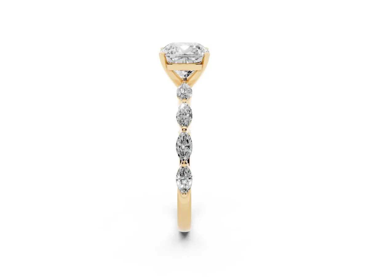 Cushion Cut Diamond Ring with Marquise Side Stones and Prong Setting Yellow gold