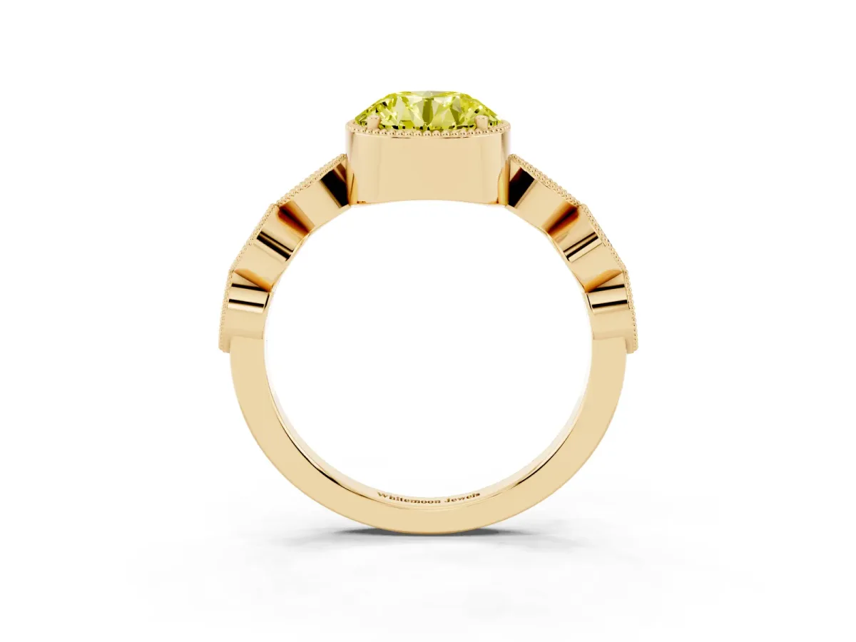 Fancy Yellow Round Cut Diamond Vintage Milgrain Ring with Round Stations Yellow gold