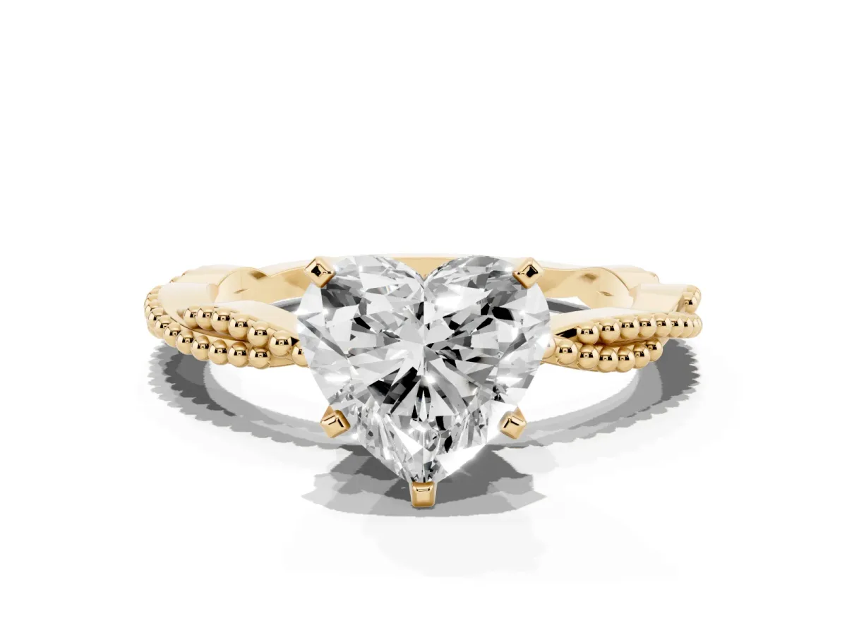 Heart Cut Solitaire Twisted Band with Bead Prong Setting Yellow gold