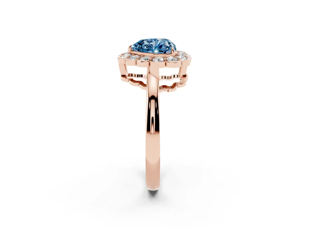 Fancy Blue Heart Cut Halo Cluster Diamond Engagement Ring with Solitaire Band and Prong Setting Rose gold
