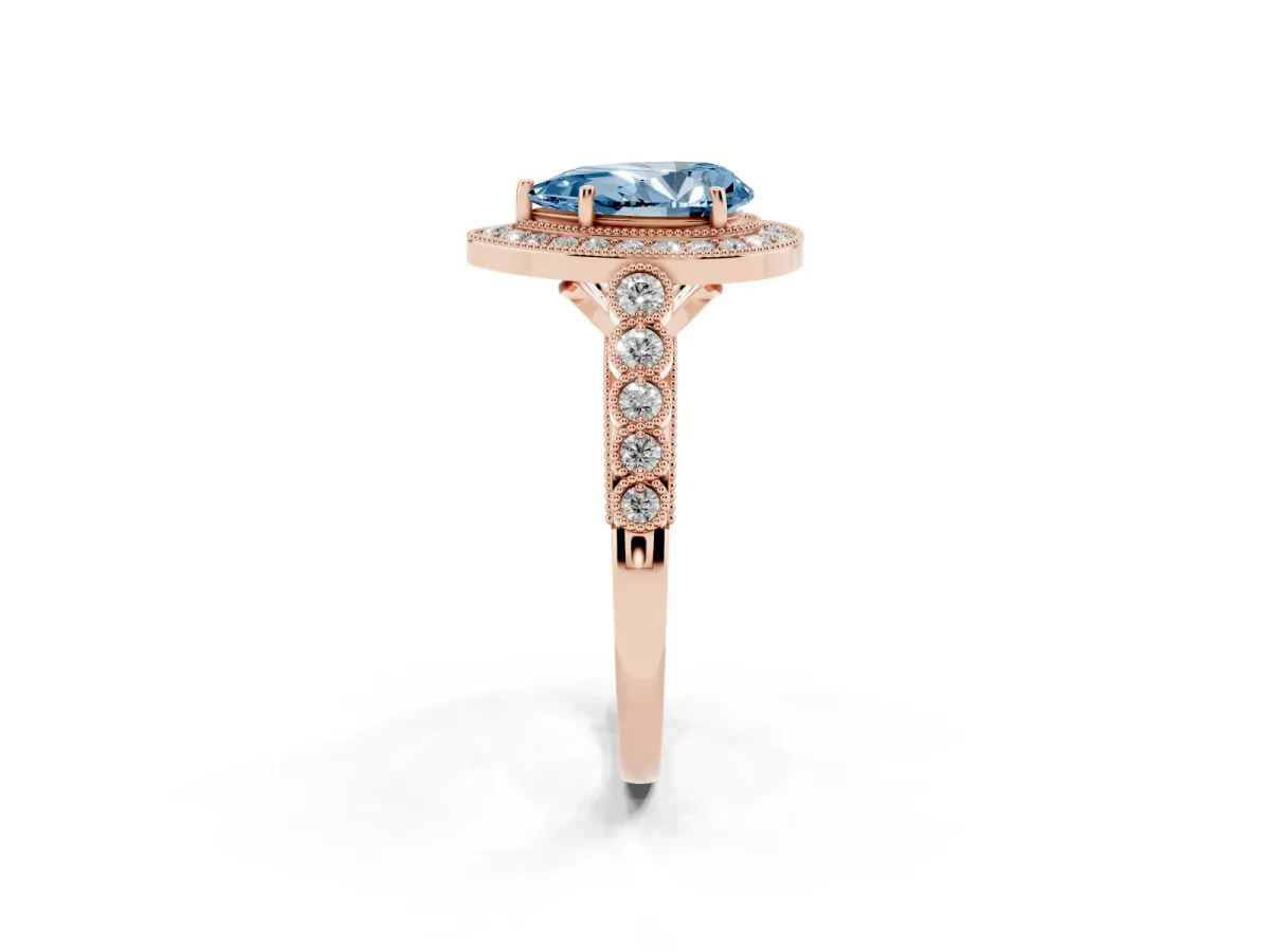 Fancy Blue Pear Cut Halo Twist Band Solitaire Ring with Six-Prong Setting Rose gold