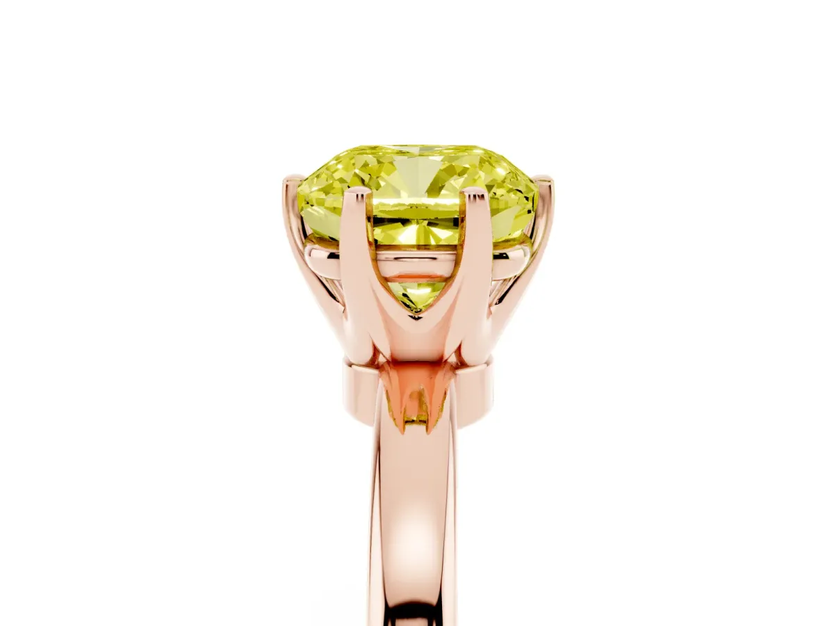 Fancy Yellow Cushion Cut Solitaire Diamond Ring with Six-Prong Setting on a Classic Band Rose gold