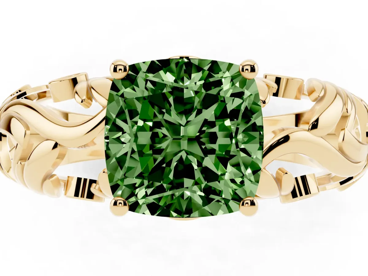 Fancy Green Cushion Cut Solitaire Diamond Leaf-Inspired Vine Band Ring with Prong Setting Yellow gold