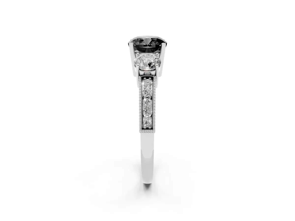 Fancy Black Cushion Cut Three-Stone Diamond Ring with Pavé Band and Four-Prong Setting Silver