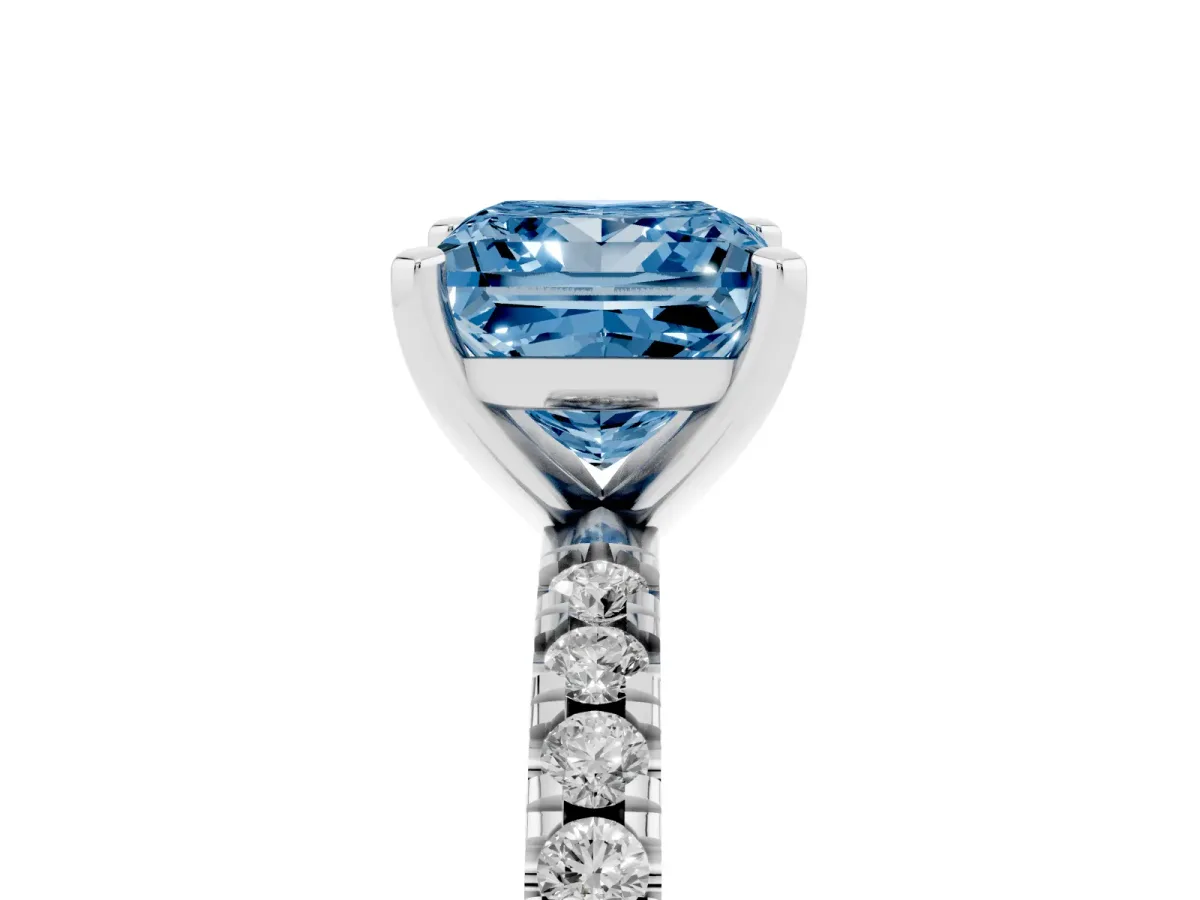Fancy Blue Princess Cut Diamond Pavé Band Solitaire with Four-Prong Setting Platinum