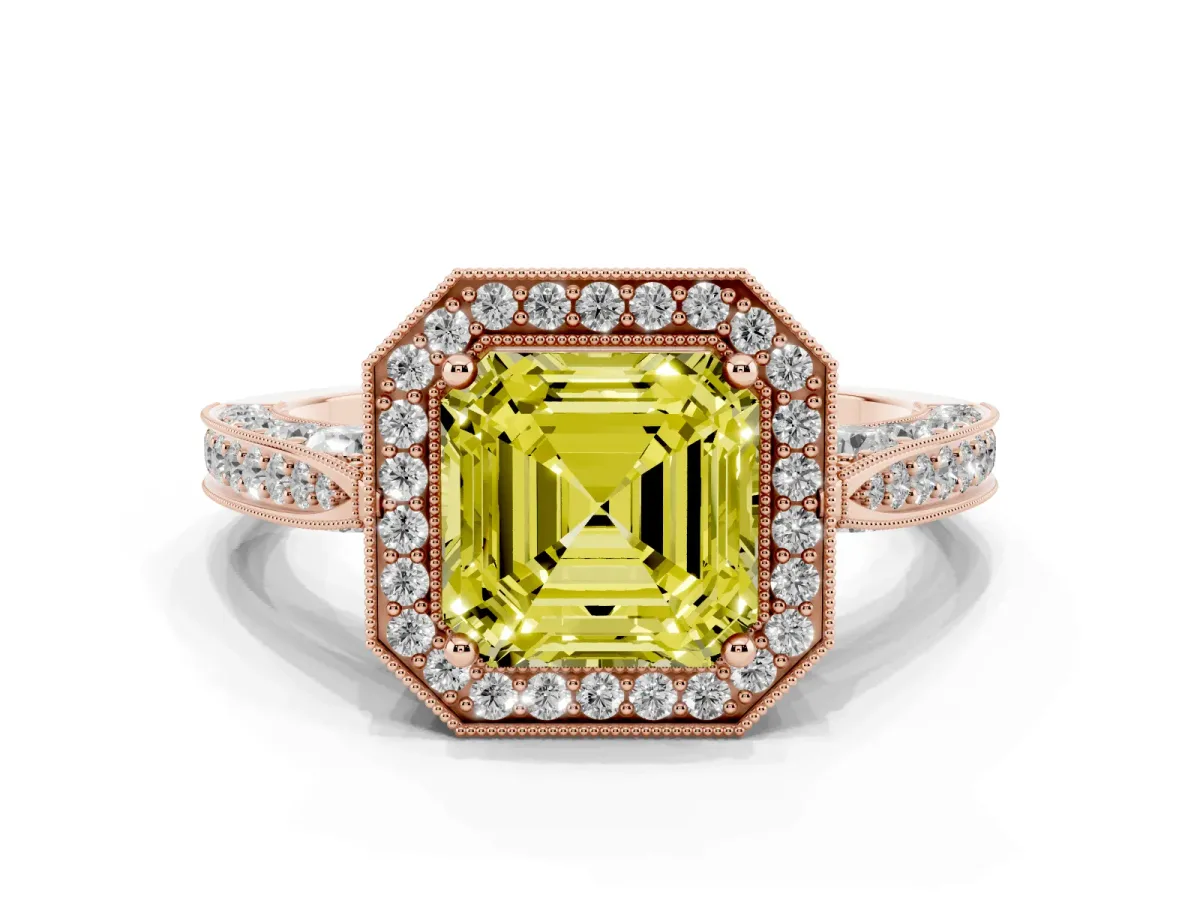 Fancy Yellow Asscher Cut Halo Diamond Engagement Ring with Split Shank Band and Four-Prong Setting Rose gold