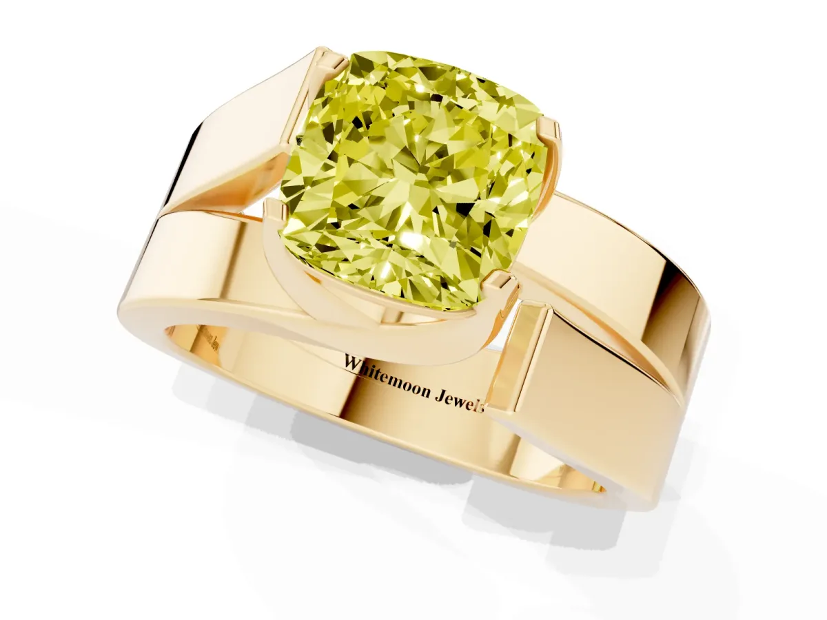 Fancy Yellow Modern Tension Set Cushion Cut Diamond Solitaire Wide Band Ring Yellow gold