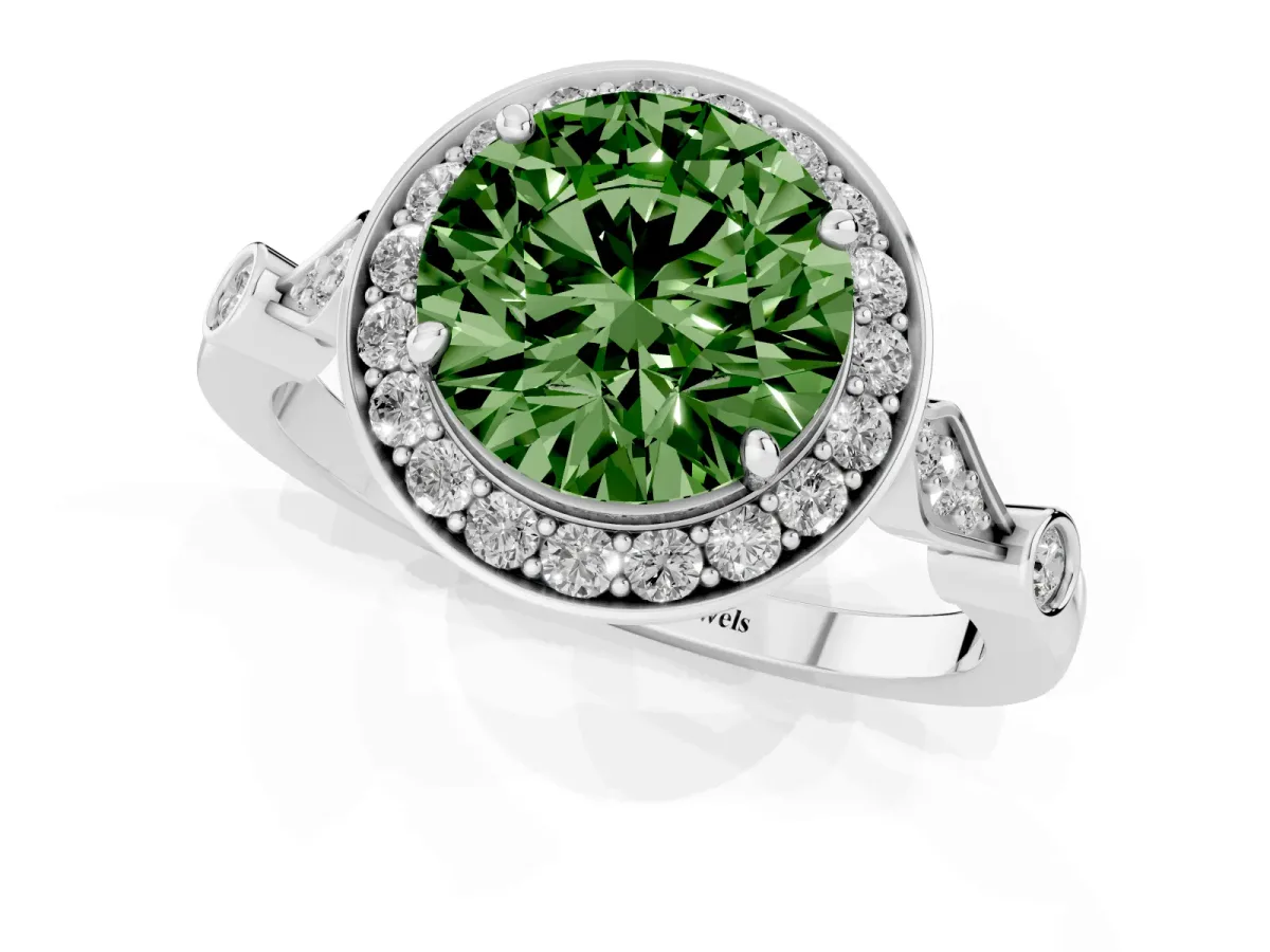 Fancy Green Round Cut Halo Diamond Engagement Ring with Twisted Band and Four-Prong Setting Platinum