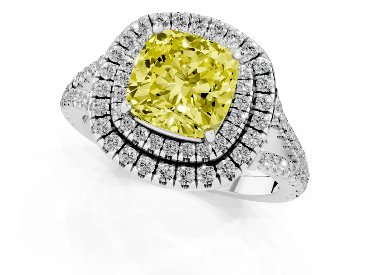 Fancy Yellow Cushion Cut Diamond Double Halo Ring with Pavé Band and Prong Setting Platinum