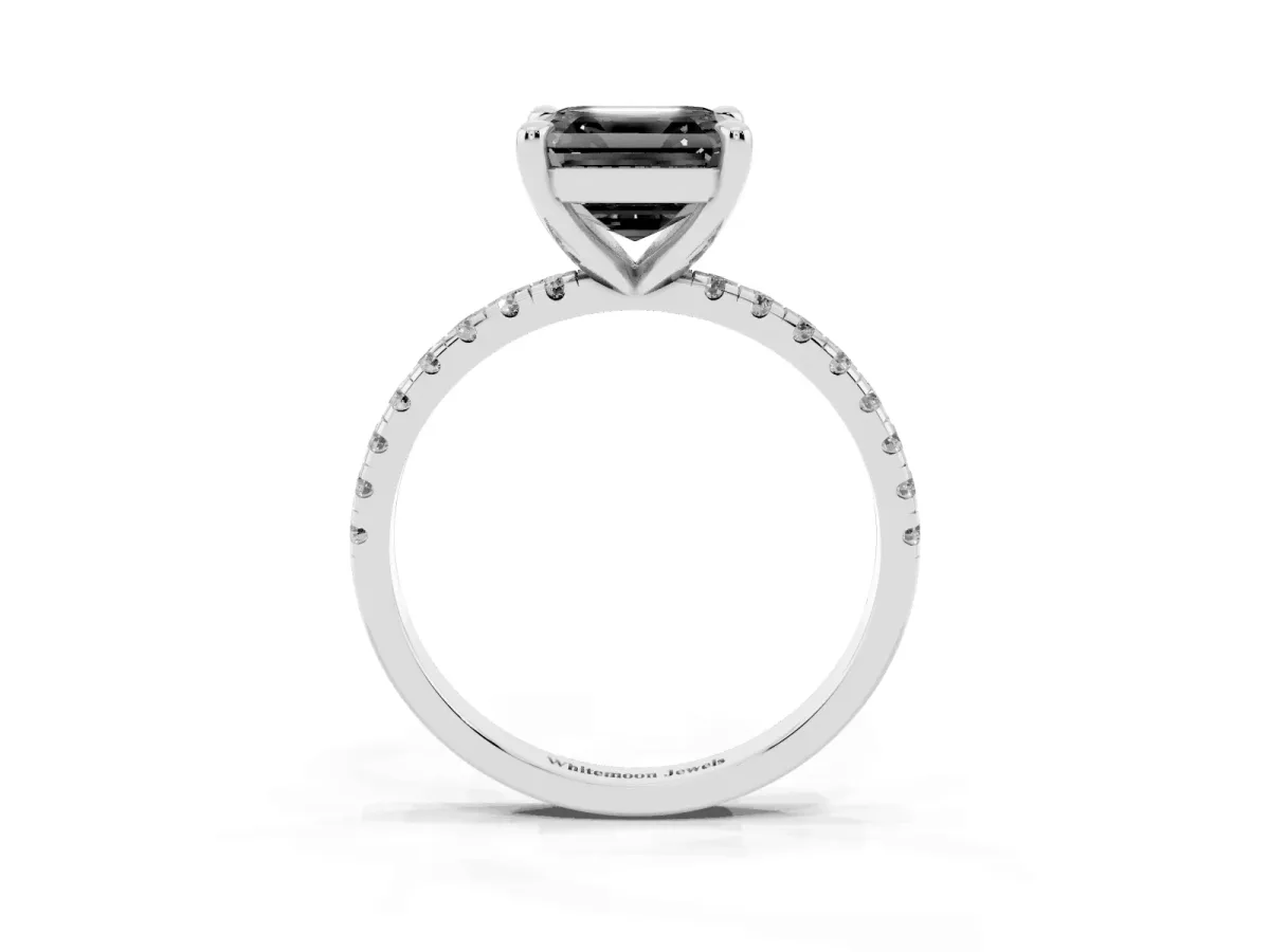 Fancy Black Asscher Cut Diamond Brilliant Solitaire Ring with Pavé Band and Four-Prong Setting Platinum