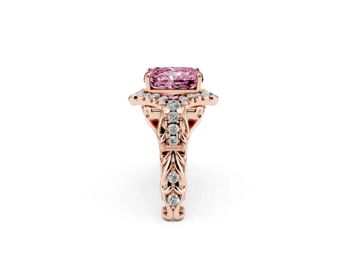 Fancy Pink Radiant Cut Diamond Solitaire Ring with Hidden Halo and Pavé Band Rose gold