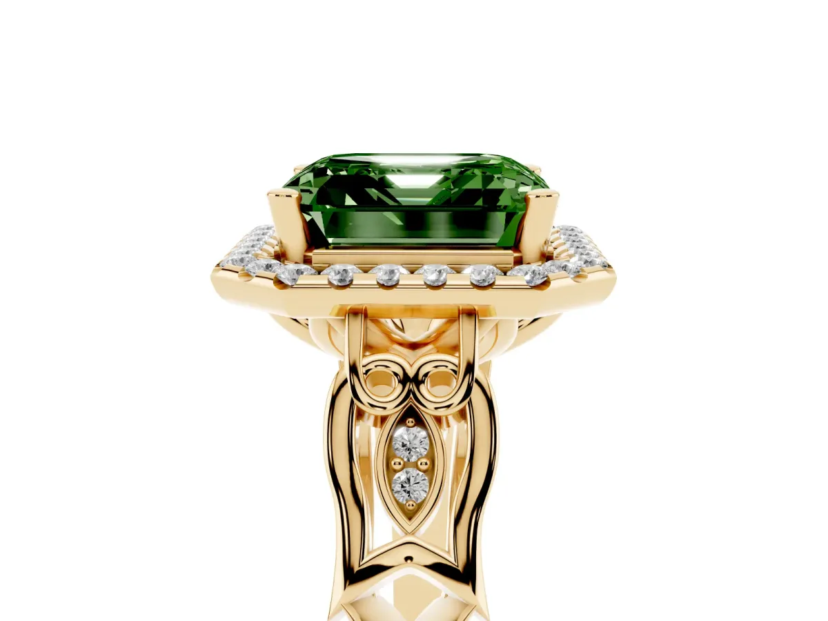 Fancy Green Asscher Cut Halo Diamond Engagement Ring with Filigree Band and Four-Prong Setting Yellow gold