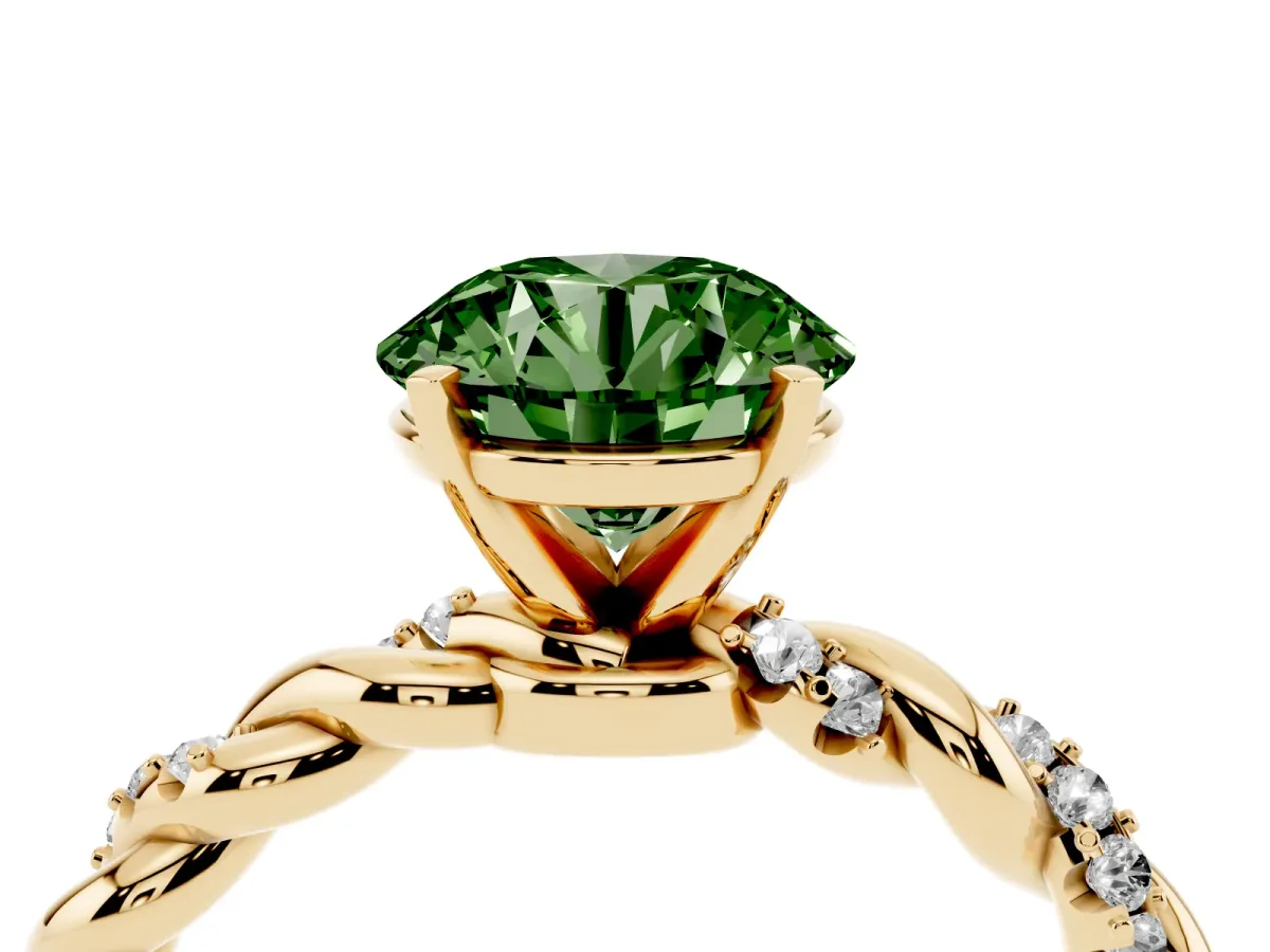 Fancy Green Round Cut Diamond Solitaire Ring with Twisted Band and Pavé Accents Yellow gold